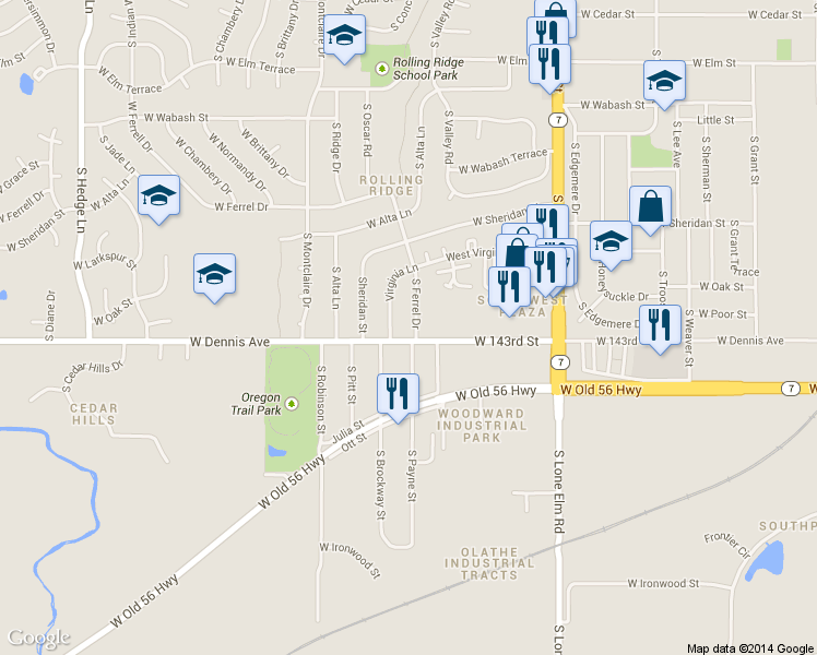 map of restaurants, bars, coffee shops, grocery stores, and more near 915 South Ferrel Drive in Olathe