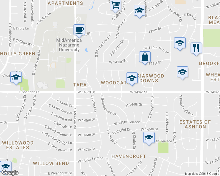 map of restaurants, bars, coffee shops, grocery stores, and more near 14225 South Sycamore Street in Olathe