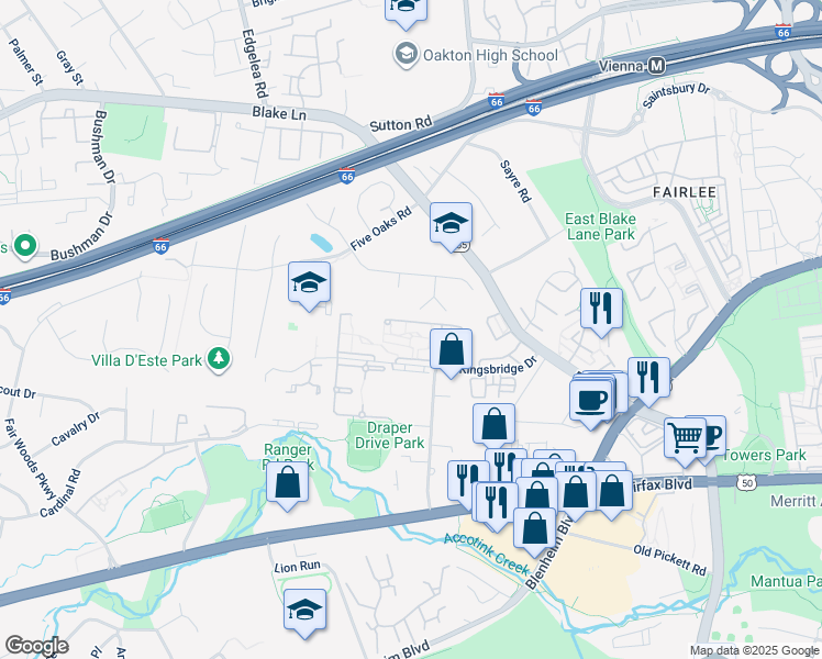 map of restaurants, bars, coffee shops, grocery stores, and more near 9725 Kings Crown Court in Fairfax