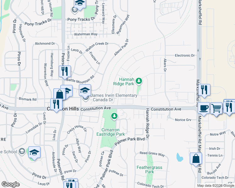 map of restaurants, bars, coffee shops, grocery stores, and more near 2508 Shawnee Drive in Colorado Springs
