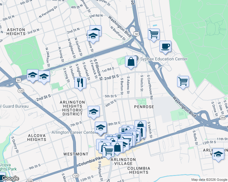 map of restaurants, bars, coffee shops, grocery stores, and more near 2522 4th St S in Arlington