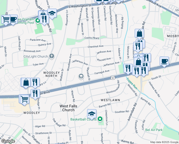 map of restaurants, bars, coffee shops, grocery stores, and more near 3001 Marshall Street in Falls Church