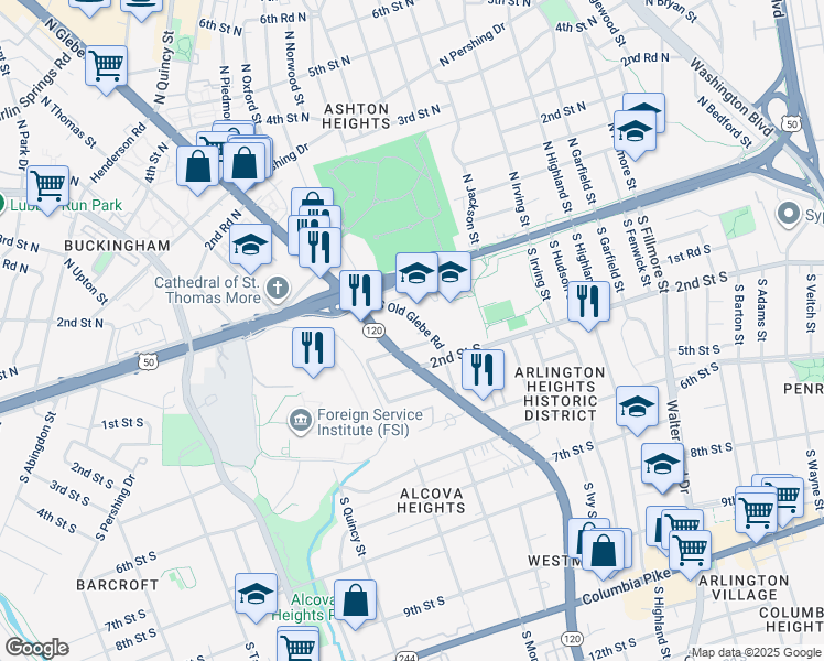 map of restaurants, bars, coffee shops, grocery stores, and more near 30 South Old Glebe Road in Arlington
