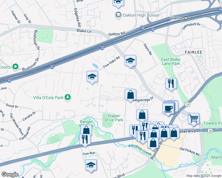map of restaurants, bars, coffee shops, grocery stores, and more near 9745 Kings Crown Court in Fairfax
