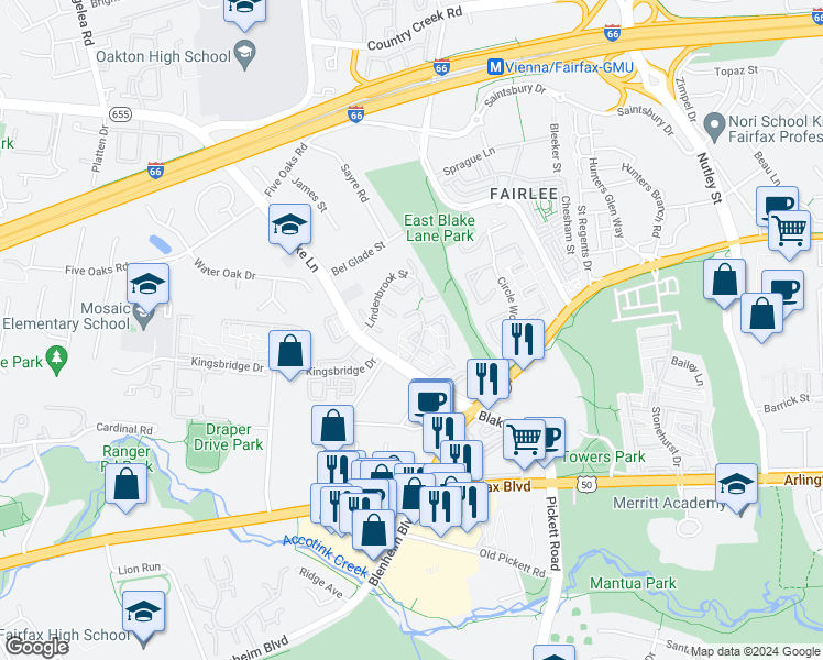 map of restaurants, bars, coffee shops, grocery stores, and more near 9525 Barcellona Court in Fairfax