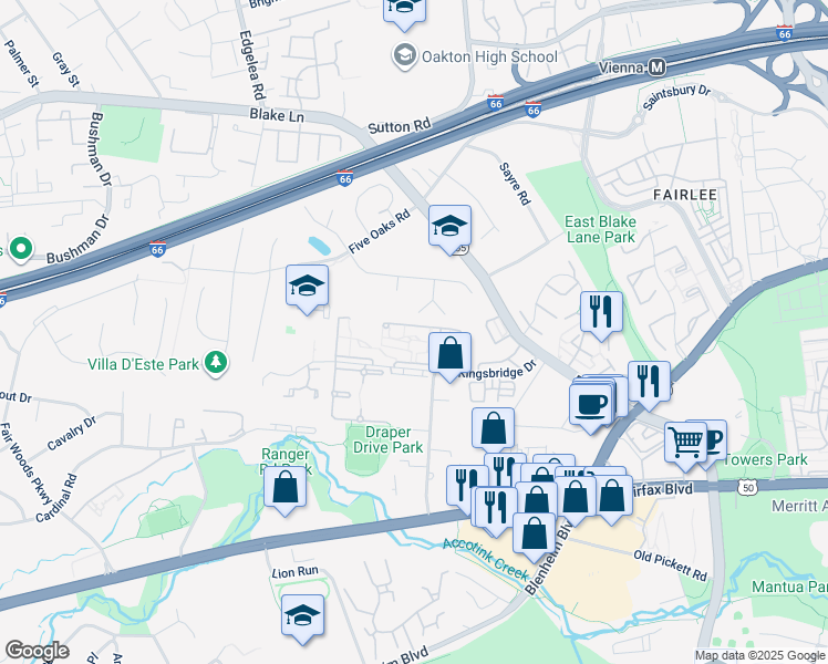 map of restaurants, bars, coffee shops, grocery stores, and more near 9725 Kings Crown Court in Fairfax
