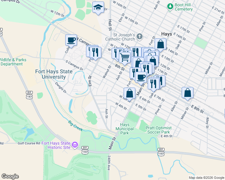 map of restaurants, bars, coffee shops, grocery stores, and more near 217 West 5th Street in Hays