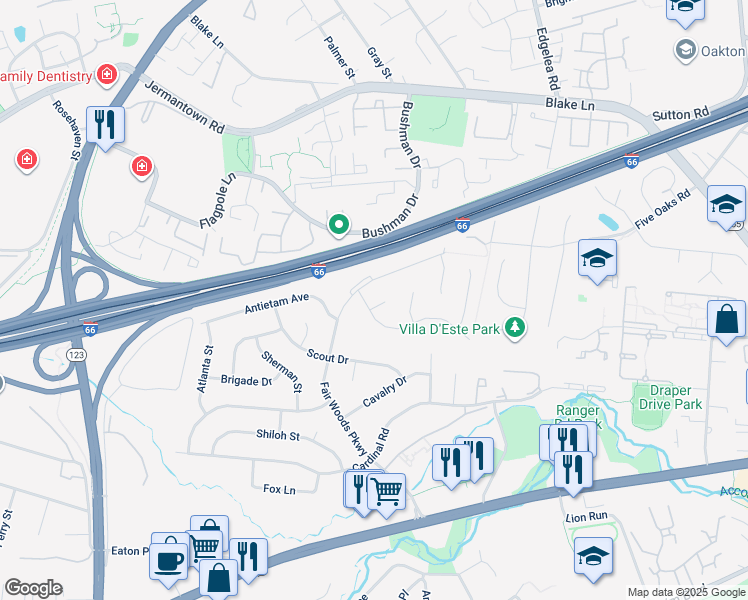 map of restaurants, bars, coffee shops, grocery stores, and more near 10106 Crimson Circle in Fairfax