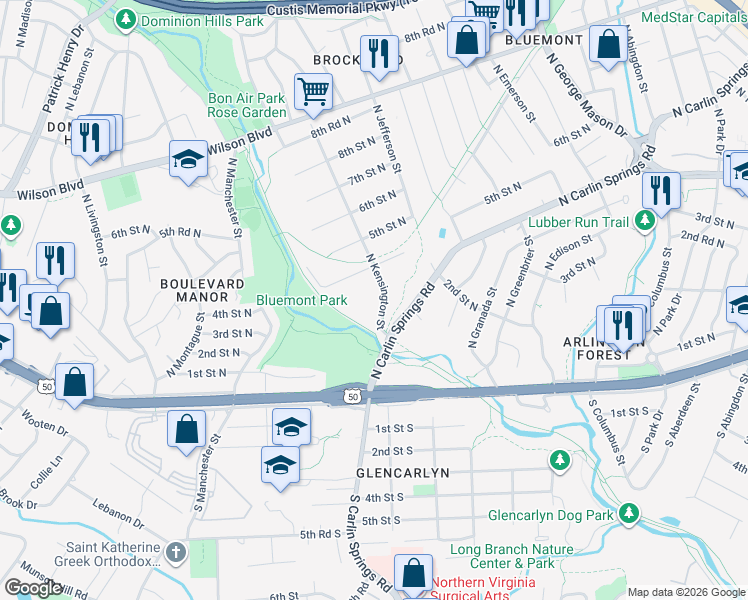 map of restaurants, bars, coffee shops, grocery stores, and more near 342 North Kensington Street in Arlington