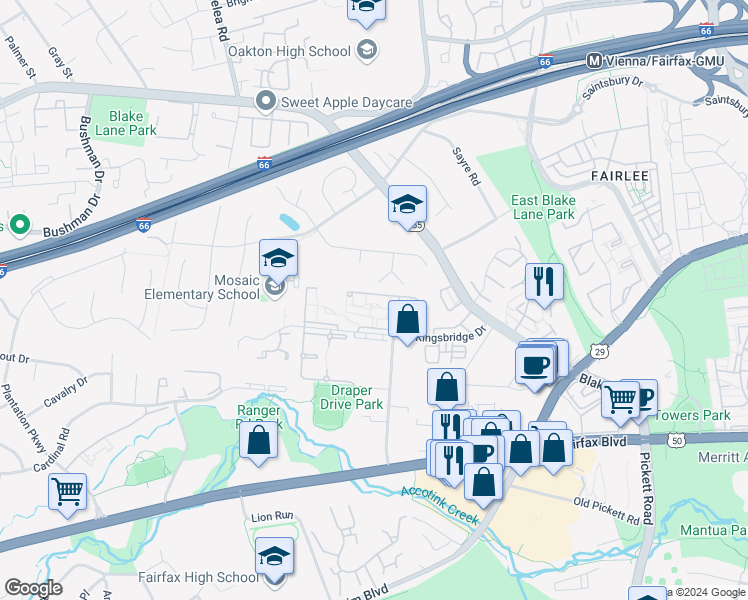 map of restaurants, bars, coffee shops, grocery stores, and more near 9719 Kings Crown Court in Fairfax