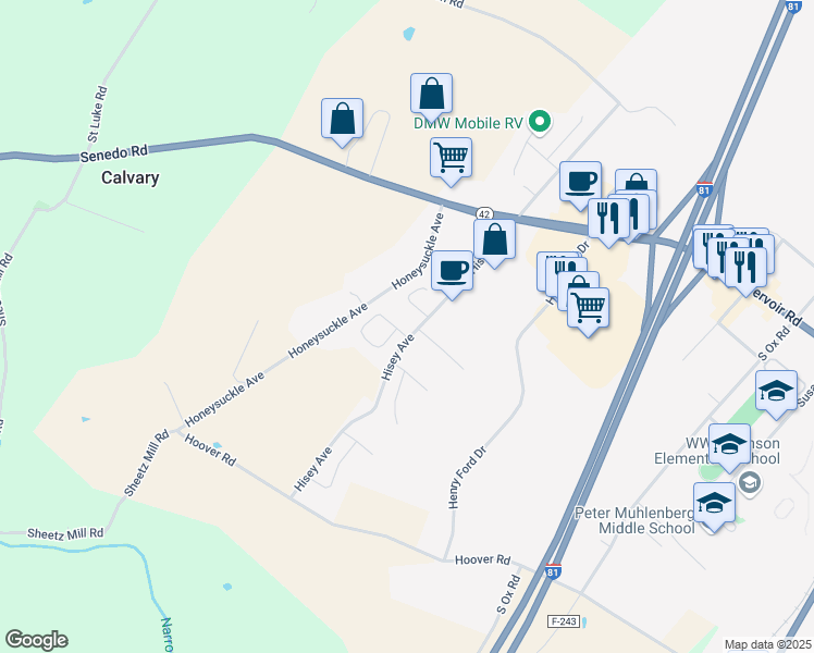 map of restaurants, bars, coffee shops, grocery stores, and more near 604 Allegheny Circle in Woodstock