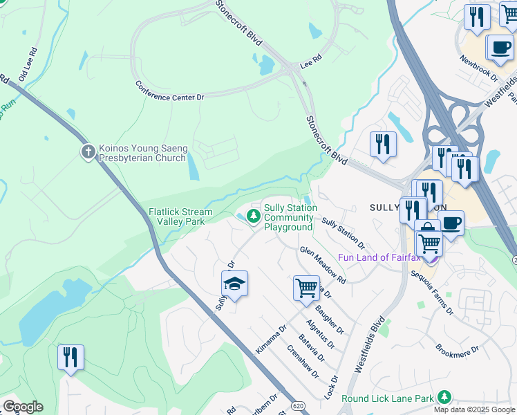 map of restaurants, bars, coffee shops, grocery stores, and more near 5216 Stoney Branch Court in Centreville