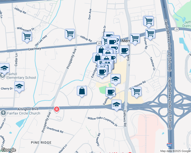 map of restaurants, bars, coffee shops, grocery stores, and more near 2974 Stella Blue Lane in Fairfax