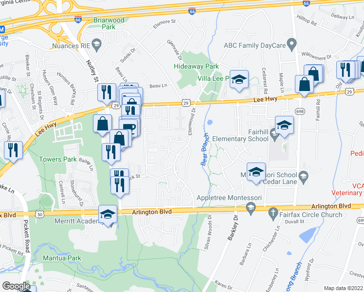 map of restaurants, bars, coffee shops, grocery stores, and more near 9019 Piney Grove Drive in Fairfax