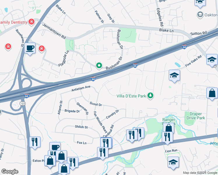 map of restaurants, bars, coffee shops, grocery stores, and more near 10106 Crimson Circle in Fairfax