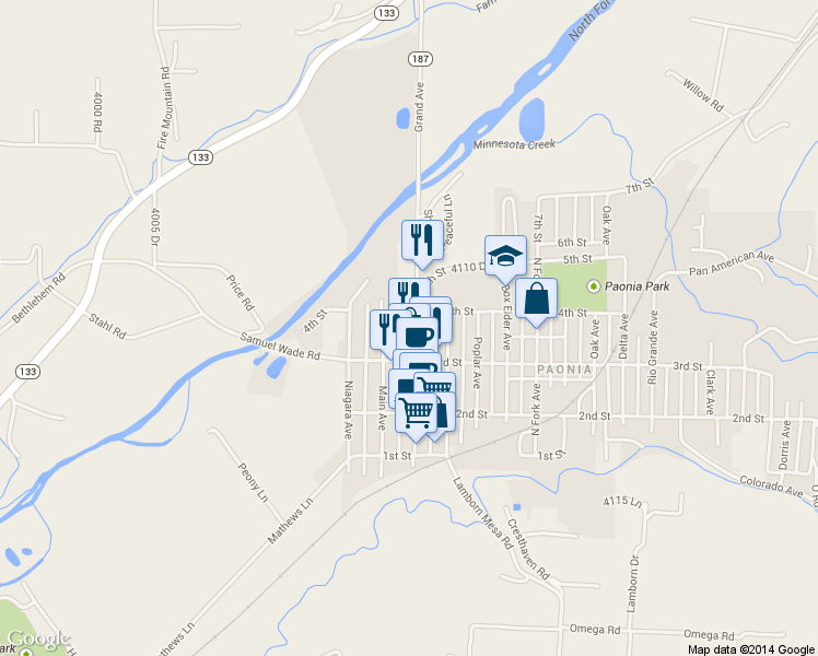 map of restaurants, bars, coffee shops, grocery stores, and more near 328 Grand Avenue in Paonia