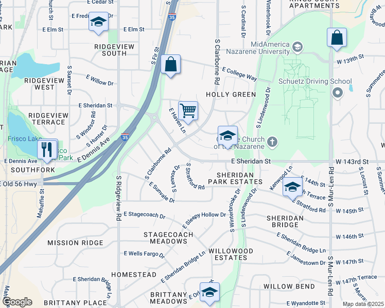map of restaurants, bars, coffee shops, grocery stores, and more near 1602 East Sheridan Street in Olathe