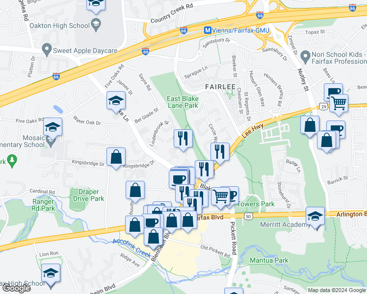 map of restaurants, bars, coffee shops, grocery stores, and more near 3032 Mission Square Drive in Fairfax