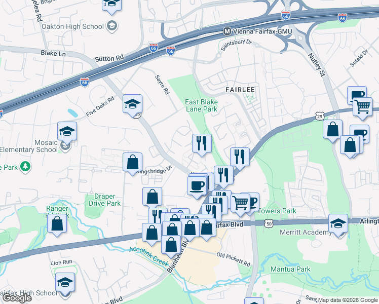 map of restaurants, bars, coffee shops, grocery stores, and more near 9527 Barcellona Court in Fairfax