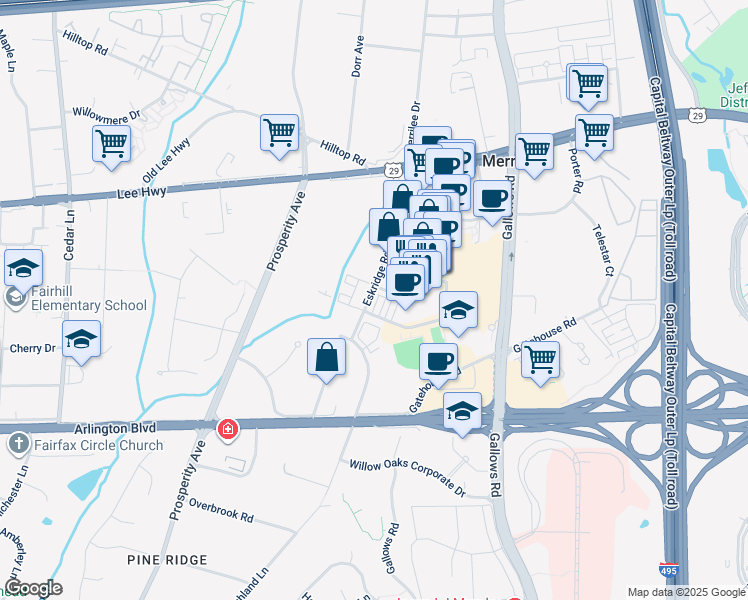 map of restaurants, bars, coffee shops, grocery stores, and more near 2993 Eskridge Road in Fairfax