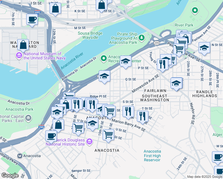 map of restaurants, bars, coffee shops, grocery stores, and more near 1642 16th Street Southeast in Washington