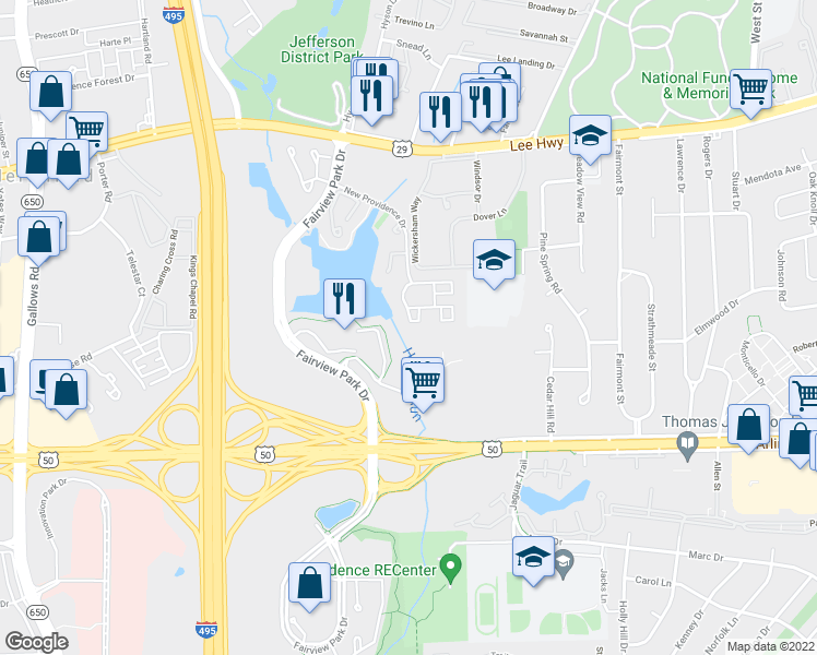 map of restaurants, bars, coffee shops, grocery stores, and more near 7745 Inversham Drive in Falls Church