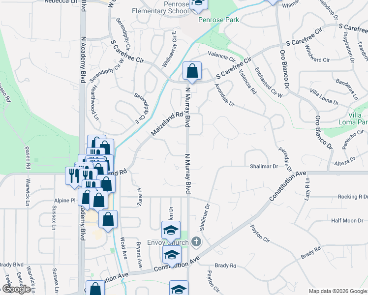 map of restaurants, bars, coffee shops, grocery stores, and more near 4255 Midlothian Court in Colorado Springs