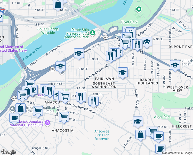 map of restaurants, bars, coffee shops, grocery stores, and more near 1902 R Street Southeast in Washington