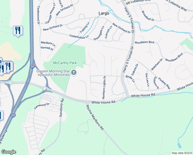 map of restaurants, bars, coffee shops, grocery stores, and more near 10007 Birdie Ln in Upper Marlboro