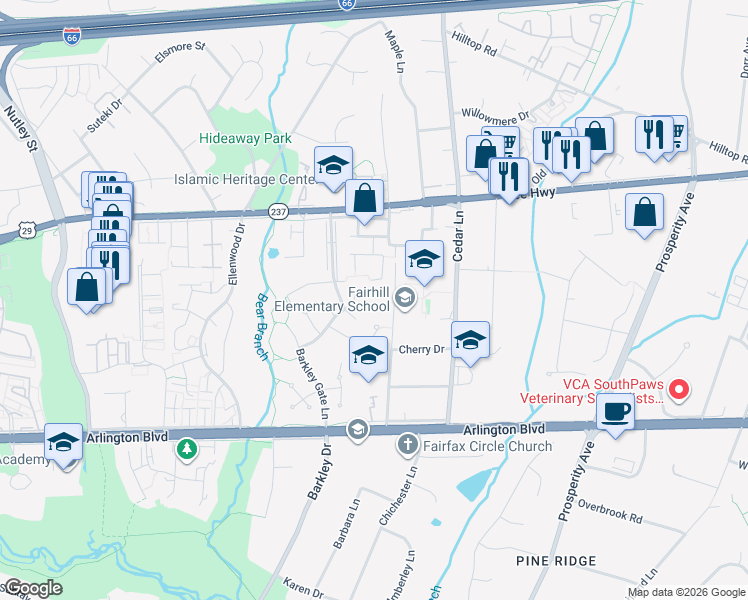 map of restaurants, bars, coffee shops, grocery stores, and more near 3000A Chichester Lane in Fairfax