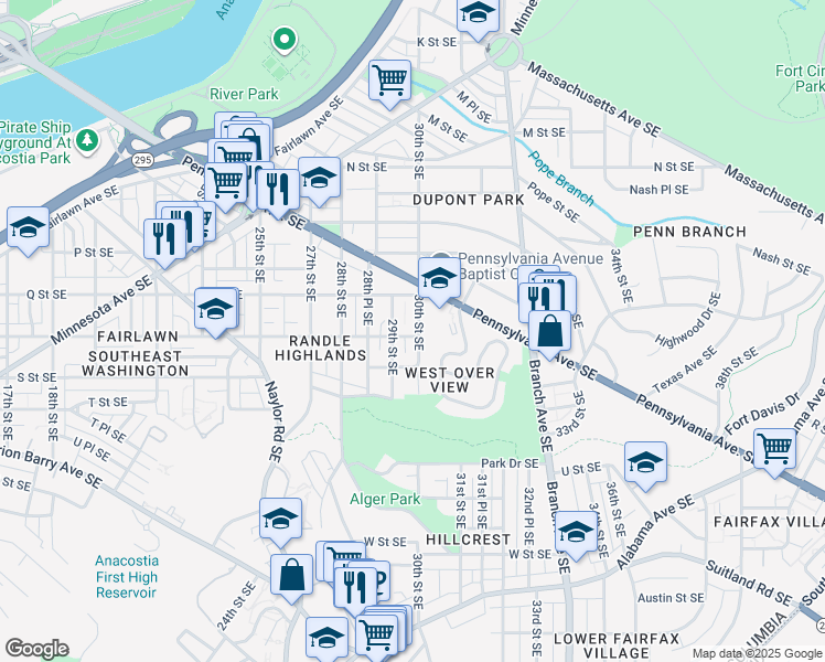 map of restaurants, bars, coffee shops, grocery stores, and more near 1629 30th Street Southeast in Washington