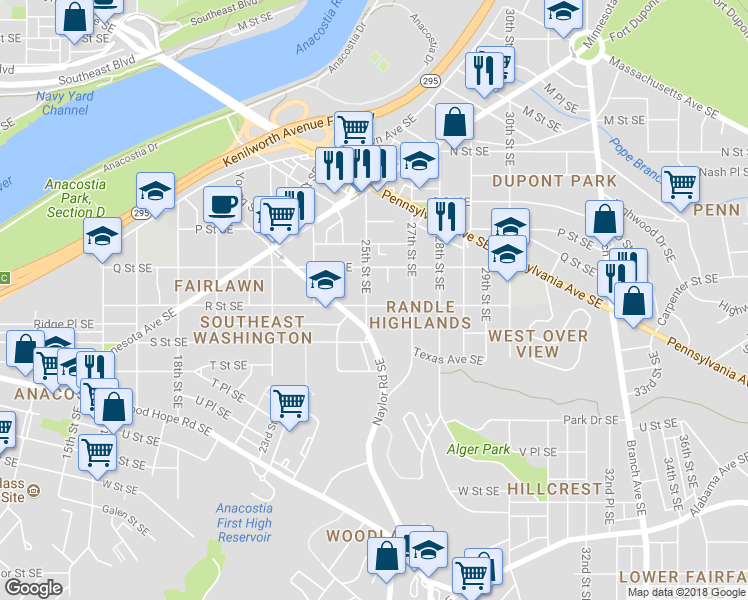 map of restaurants, bars, coffee shops, grocery stores, and more near 1630 25th Street Southeast in Washington