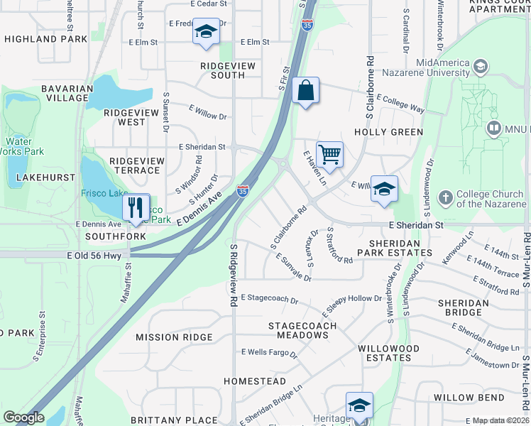 map of restaurants, bars, coffee shops, grocery stores, and more near 1405 E Salem Ln in Olathe