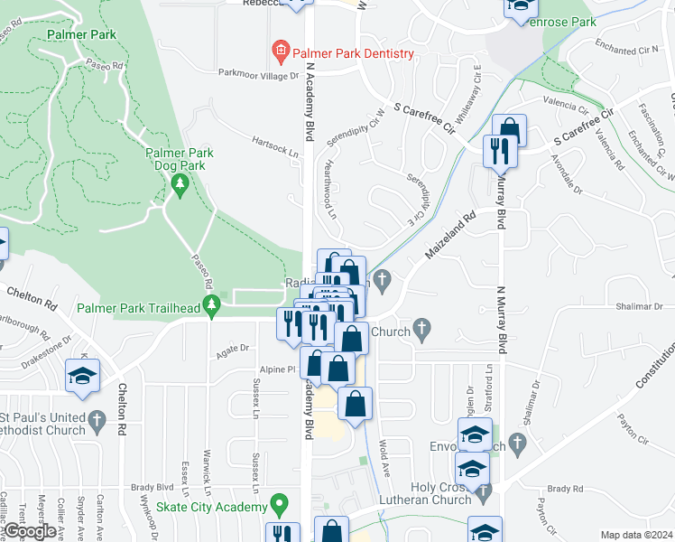 map of restaurants, bars, coffee shops, grocery stores, and more near 3815 Radiant Drive in Colorado Springs