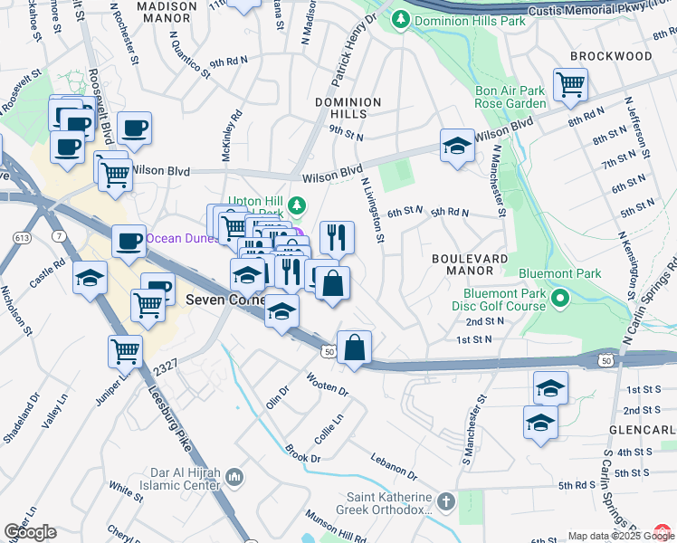 map of restaurants, bars, coffee shops, grocery stores, and more near 524 North Madison Street in Arlington