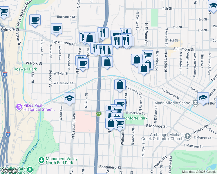 map of restaurants, bars, coffee shops, grocery stores, and more near 226 East Harrison Street in Colorado Springs