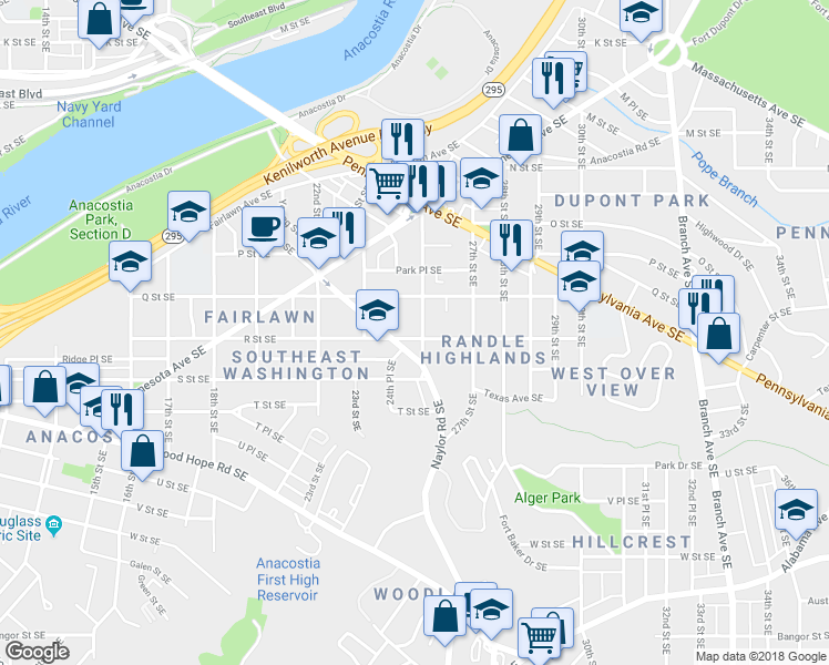 map of restaurants, bars, coffee shops, grocery stores, and more near 1629 25th Street Southeast in Washington