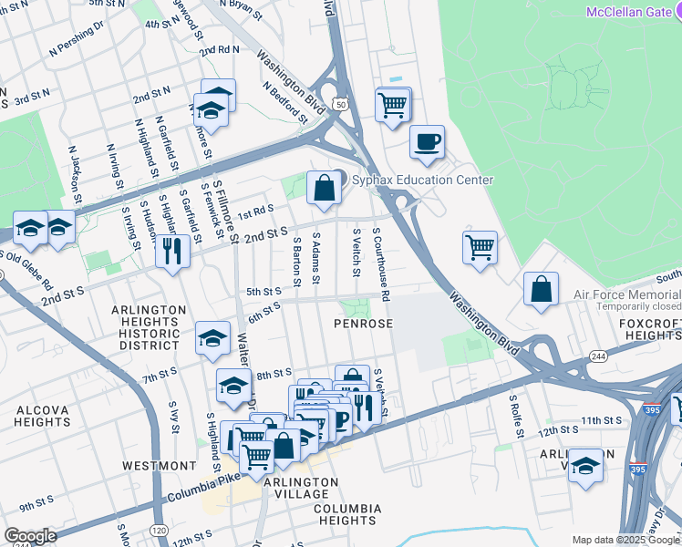 map of restaurants, bars, coffee shops, grocery stores, and more near 415 South Wayne Street in Arlington