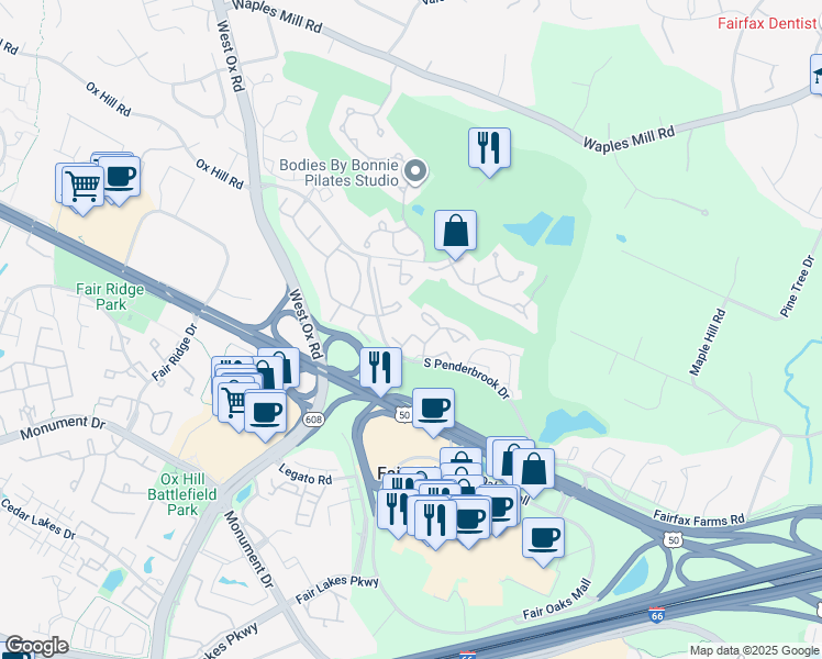 map of restaurants, bars, coffee shops, grocery stores, and more near 12012 Lisa Marie Court in Fairfax