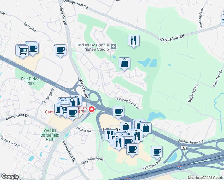 map of restaurants, bars, coffee shops, grocery stores, and more near 12012 Lisa Marie Court in Fairfax