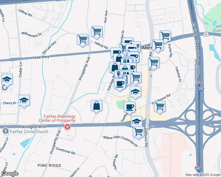 map of restaurants, bars, coffee shops, grocery stores, and more near 2993 Eskridge Road in Fairfax