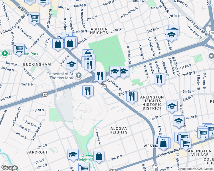 map of restaurants, bars, coffee shops, grocery stores, and more near 22 South Old Glebe Road in Arlington