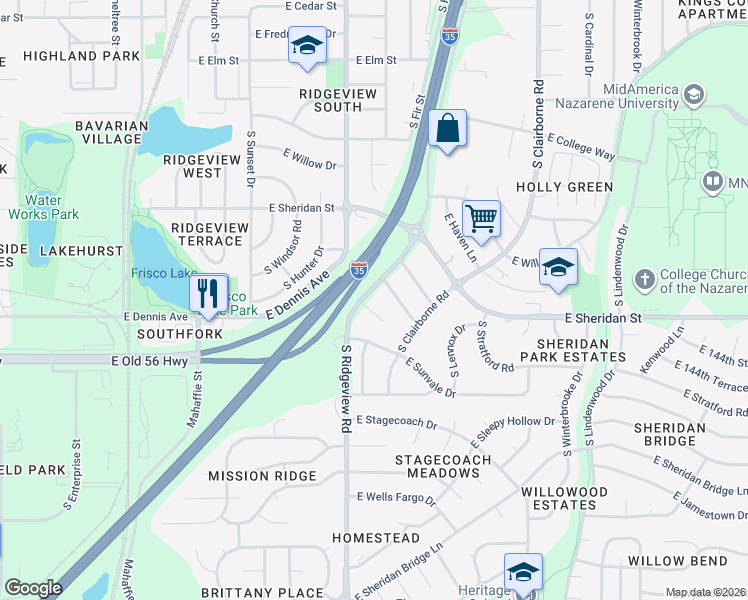 map of restaurants, bars, coffee shops, grocery stores, and more near 1405 East Salem Lane in Olathe