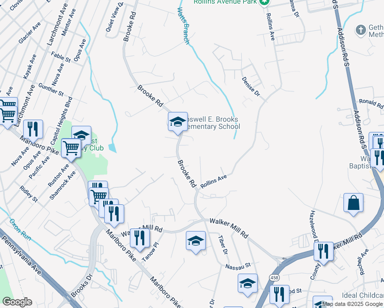 map of restaurants, bars, coffee shops, grocery stores, and more near 1416 Brooke Road in Capitol Heights