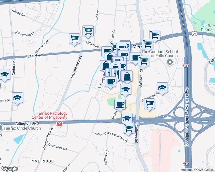 map of restaurants, bars, coffee shops, grocery stores, and more near 2993 District Avenue in Fairfax