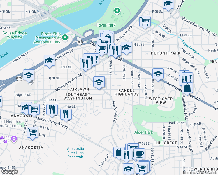 map of restaurants, bars, coffee shops, grocery stores, and more near 1629 25th Street Southeast in Washington