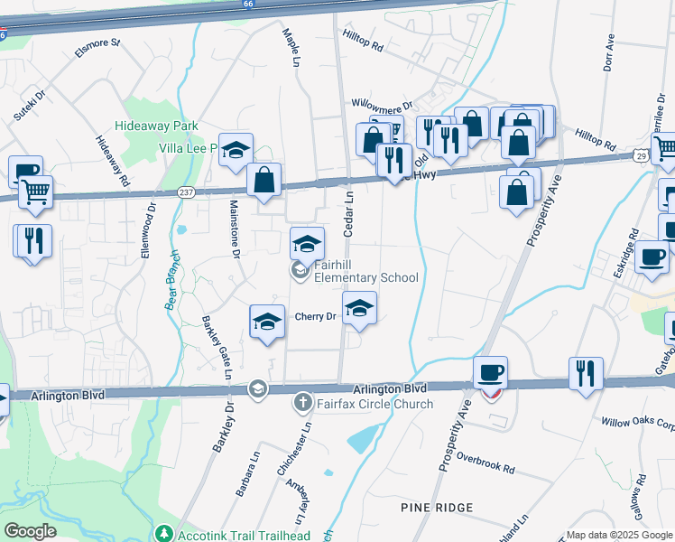 map of restaurants, bars, coffee shops, grocery stores, and more near 2948 Cedar Lane in Fairfax