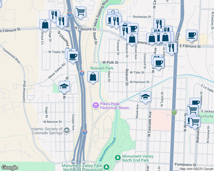 map of restaurants, bars, coffee shops, grocery stores, and more near 2520 Main Street in Colorado Springs