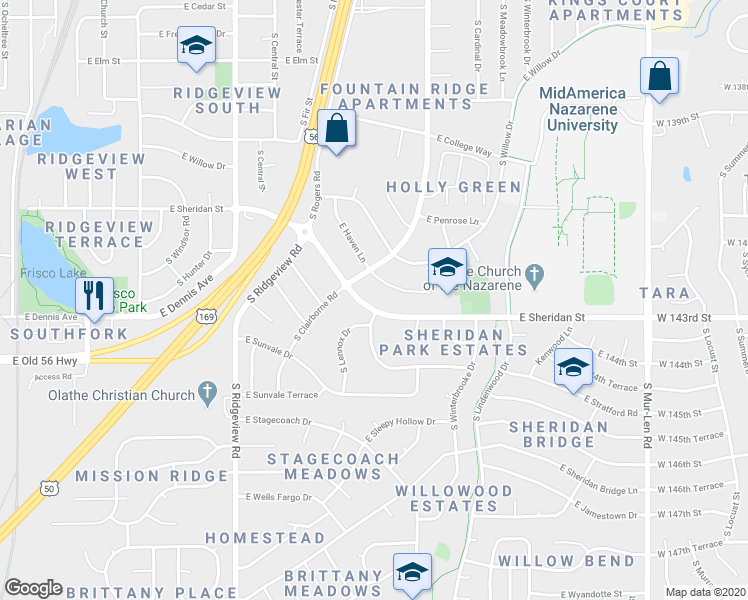map of restaurants, bars, coffee shops, grocery stores, and more near 1512 East Sheridan Street in Olathe