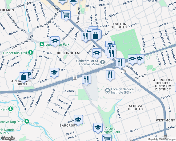 map of restaurants, bars, coffee shops, grocery stores, and more near 4347 Arlington Boulevard Service Road in Arlington